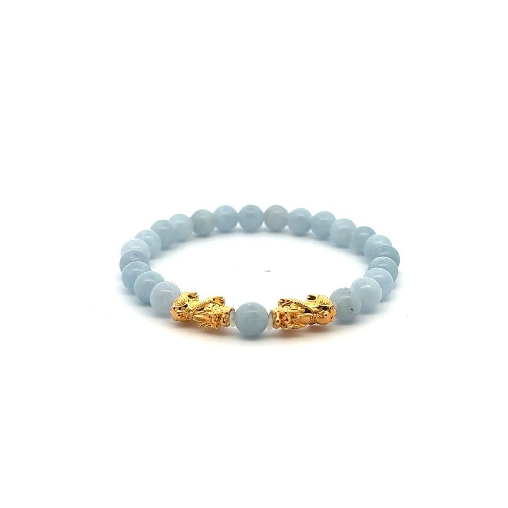 18K Gold Dragon Pixiu Double Piyao Charm Bracelet Gemstone March Birthstones 6mm